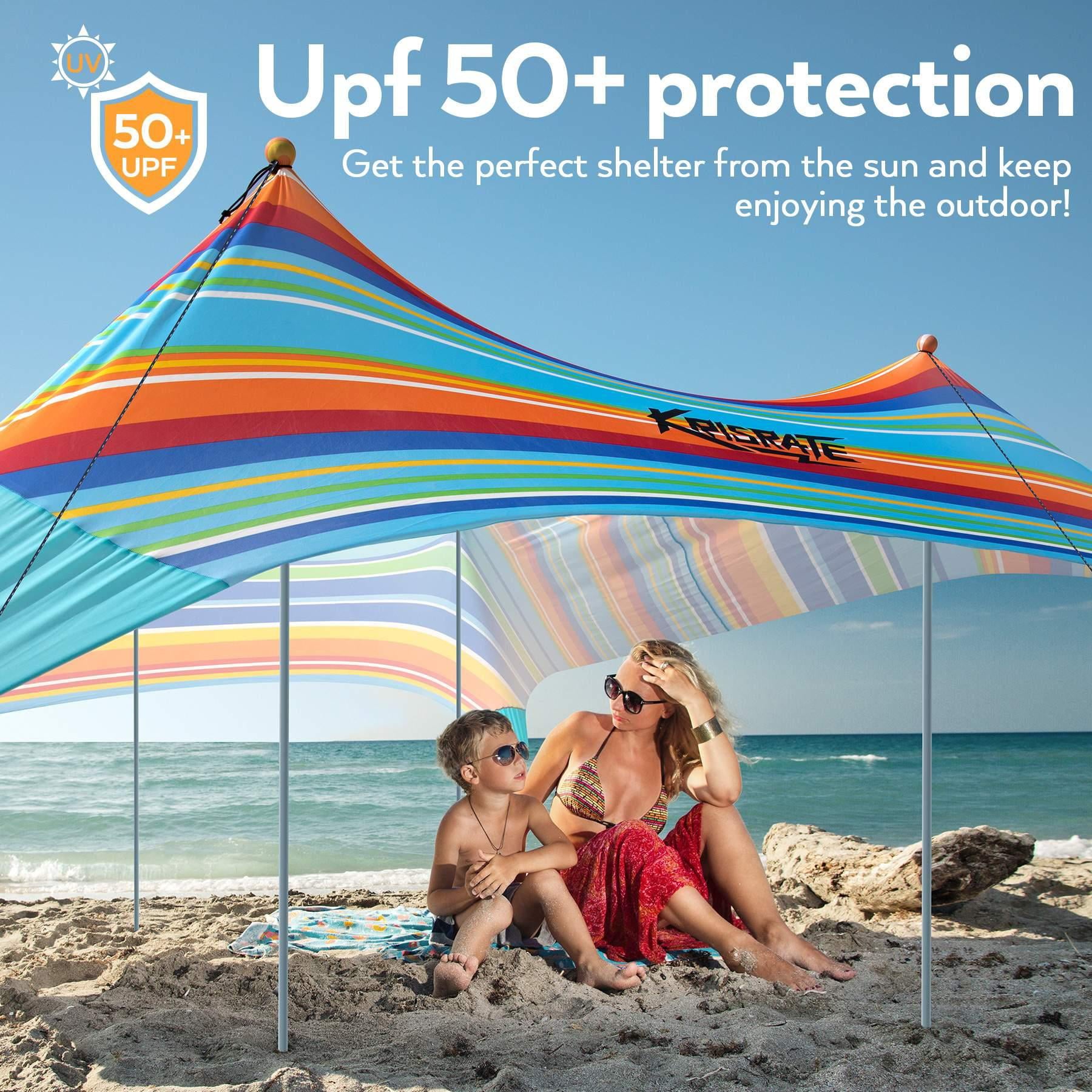 10x10 FT Beach Tent Canopy with 4 Aluminum Poles， UPF50+ Pop Up Beach Sun Shade， Portable Beach Sun Shelter， Easy Set Up for Beach， Camping， Fishing， Backyard， and Outdoor