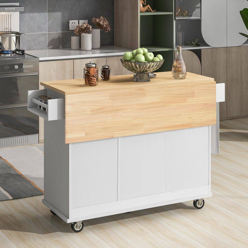 Aoibox White Rolling Kitchen Island wSolid Wood Top and Locking Wheels Storage Cabinet Spice Rack Towel Rack and Drawers SNMX712