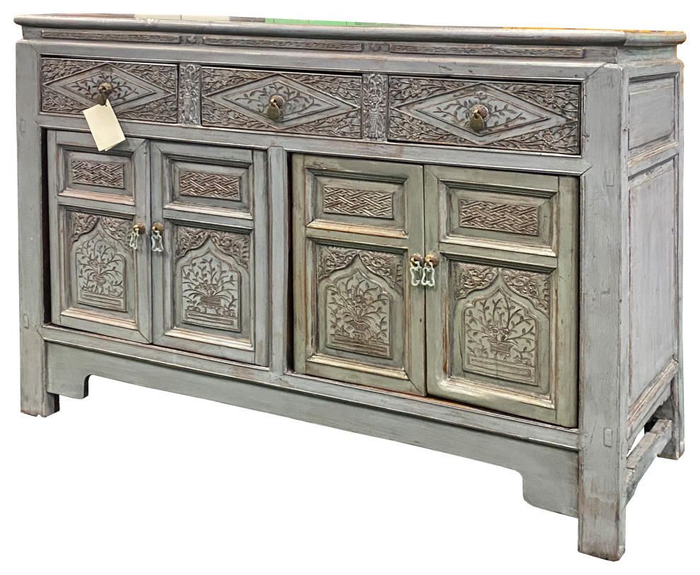 Chinese Distressed Gray Floral Motif Sideboard Console Table Cabinet Hcs5768   Asian   Console Tables   by Golden Lotus Antiques  Houzz