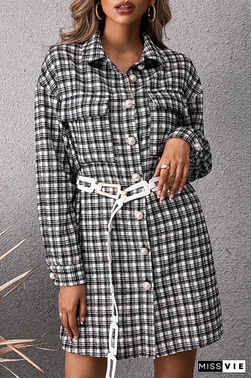 Fashion Casual Plaid Pocket Buckle Shirt Dress Dresses (Without Belt)