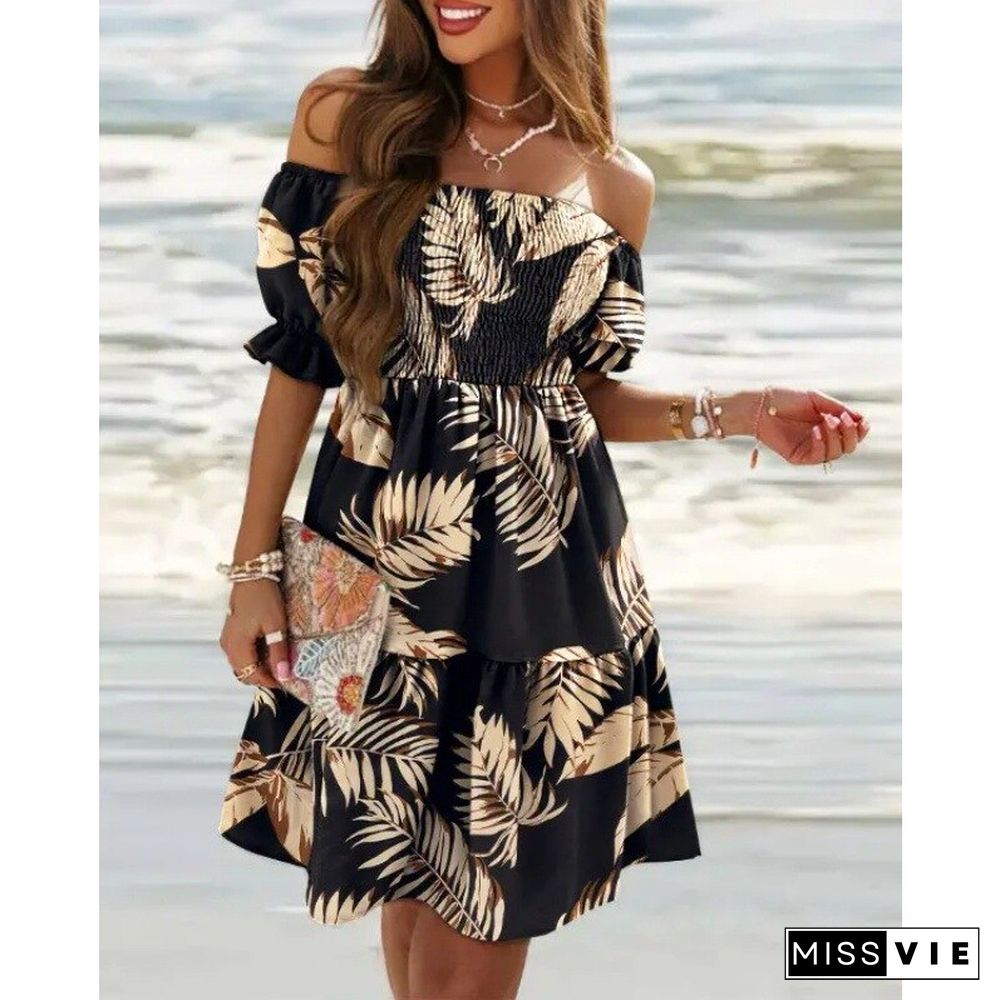 Summer Boho Beach Dress Women Short Sleeve Neck Waist Pleated Print Dress Vestidos De Mujer