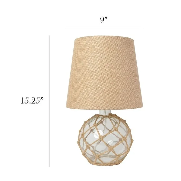 Elegant Designs Buoy Rope Nautical Netted Coastal Ocean Sea Glass Table Lamp with White Fabric Shade， Aqua - 9(L)9(W)14.75(H)