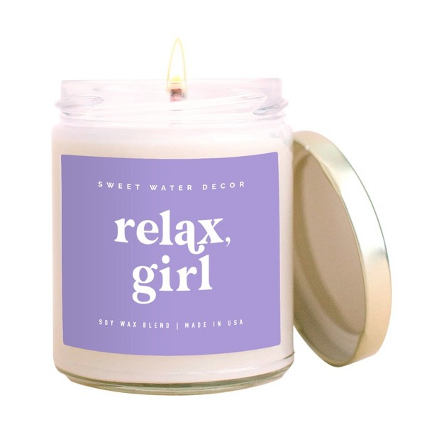 Sweet Water Decor Relax Girl Violet Label 9oz Clear Jar Soy Candle