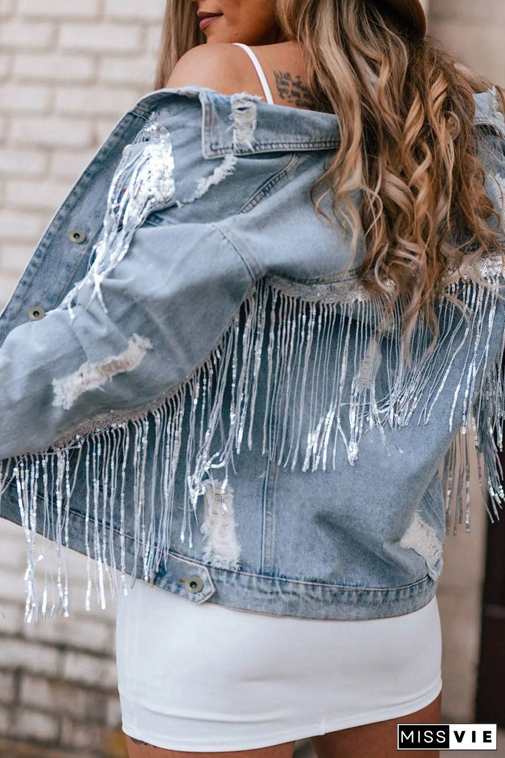 Sky Blue Sequin Embellished Fringe Distressed Denim Jacket