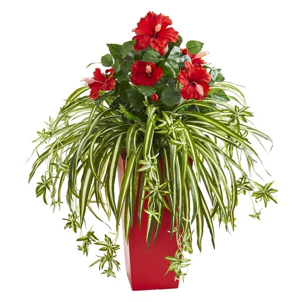 Hibiscus and Spider Artificial Plant in Red Planter