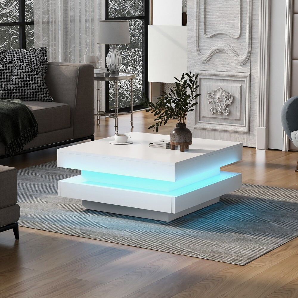 LED Coffee Table for Living Room Square Coffee Table with LED Lights  2 Tier Center Table  Cocktail Table with High Glossy