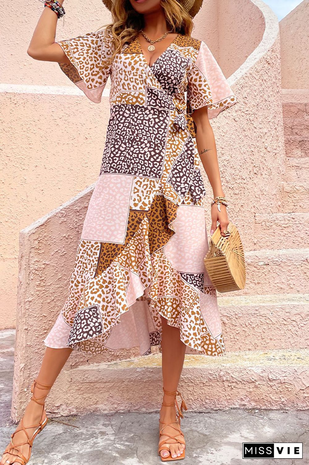 Pink Leopard V Neck Midi Dress Wholesale