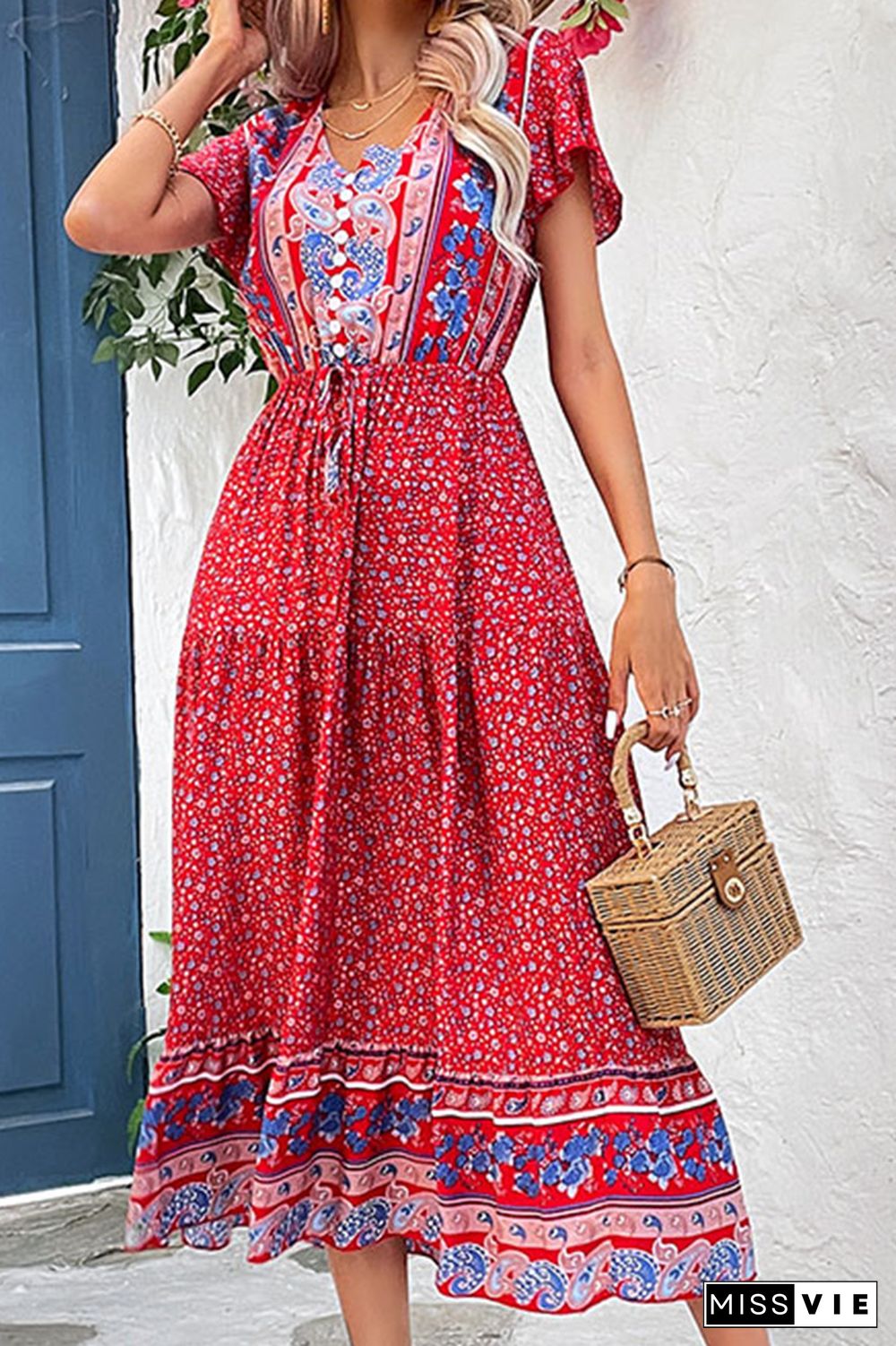 Red Floral V Neck Buttoned Bohemian Maxi Dress