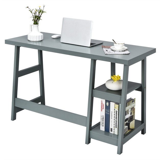 Tangkula Trestle Computer Desk Indoor Office Workstation For Home Office With 2 tier Storage Shelves