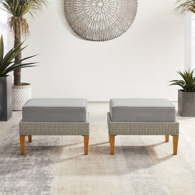 Capella 2pk Outdoor Wicker Ottomans Gray Crosley