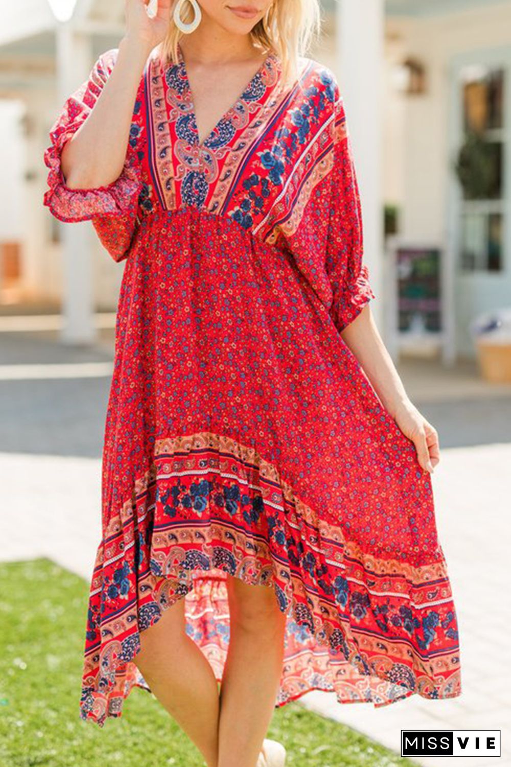 Casual Print Split Joint V Neck Irregular Dress Dresses