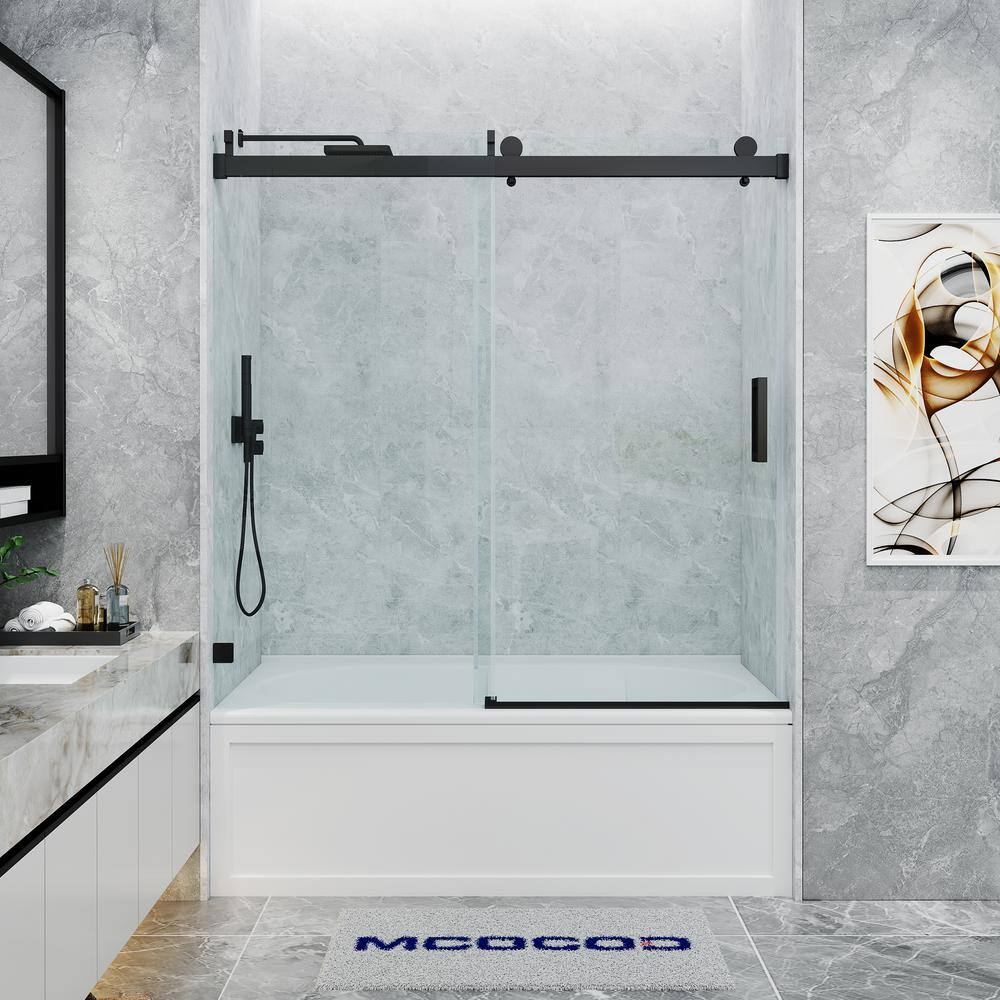 MCOCOD 60 in. W x 66 in. H Single Sliding Frameless Soft Close Tub Door in Matte Black with 38 in. (10 mm) Clear Glass SS08-60x66-BL