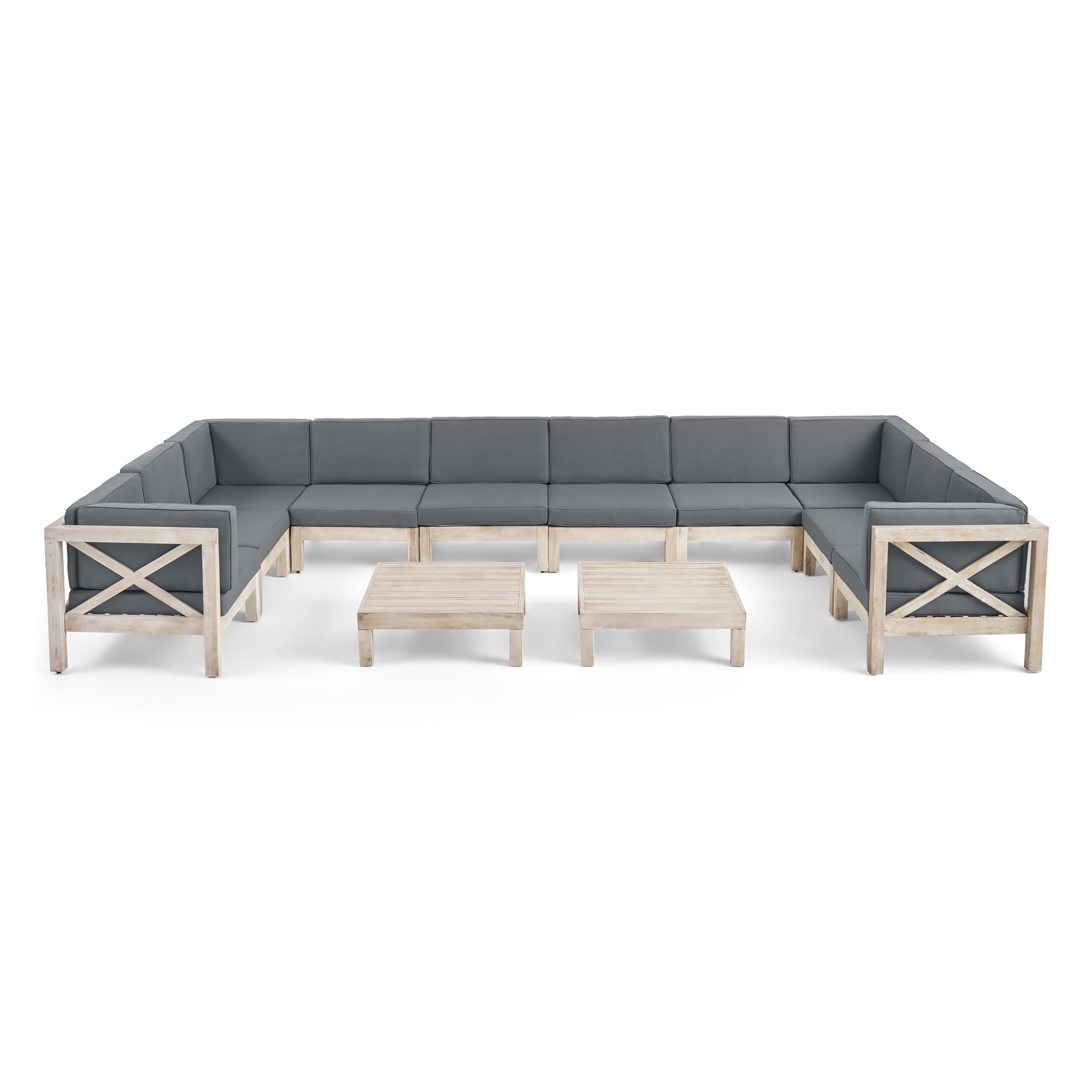 Cynthia Outdoor Acacia Wood 10 Seater U-Shaped Sectional Sofa Set with Two Coffee Tables