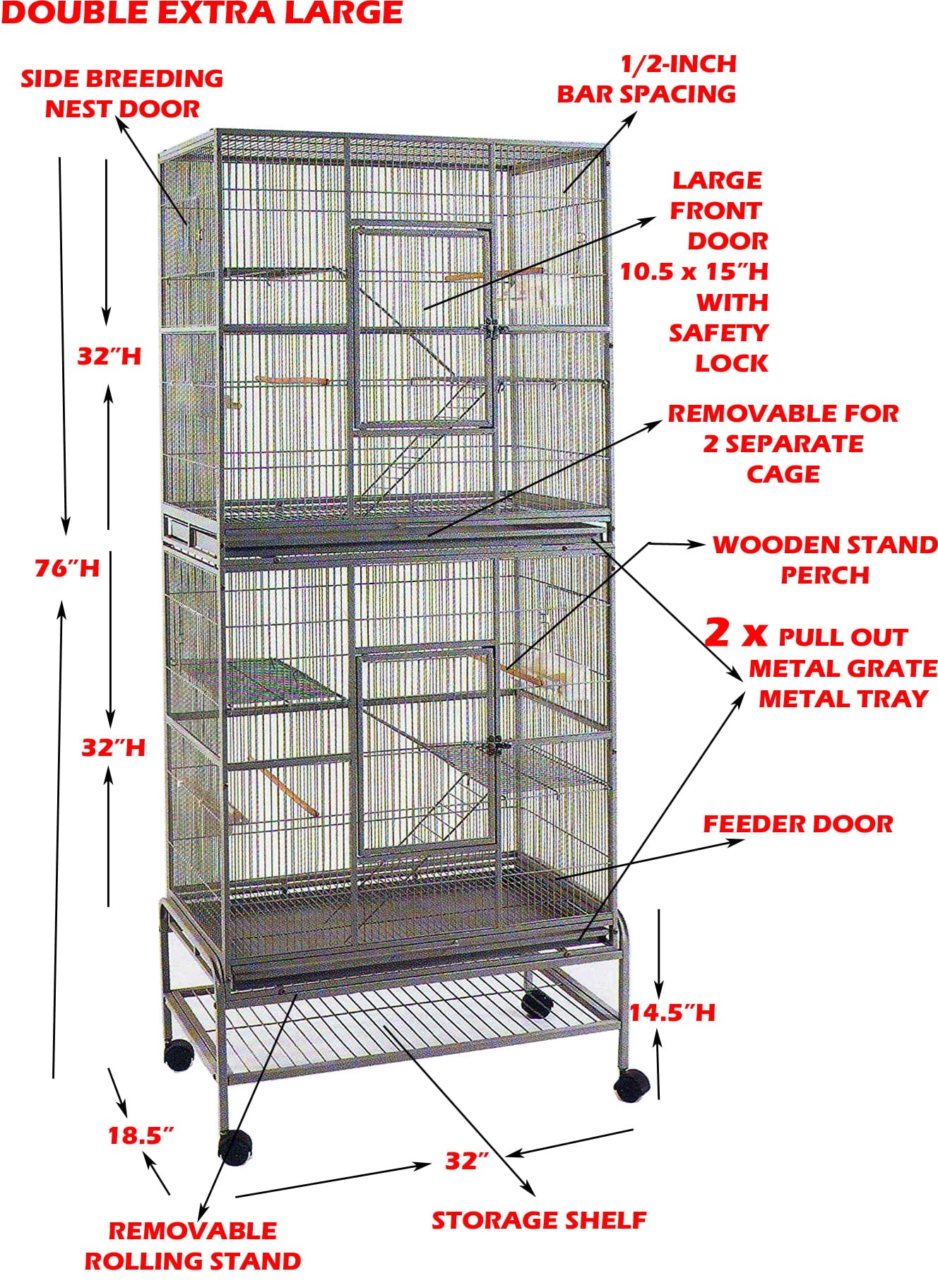 Double X-LARGE Stacker Sturdy Wrought Iron Bird Flight Parrot Breeding Rolling Stand Cage for Cockatiel Conure Canary Aviary Finches Budgies