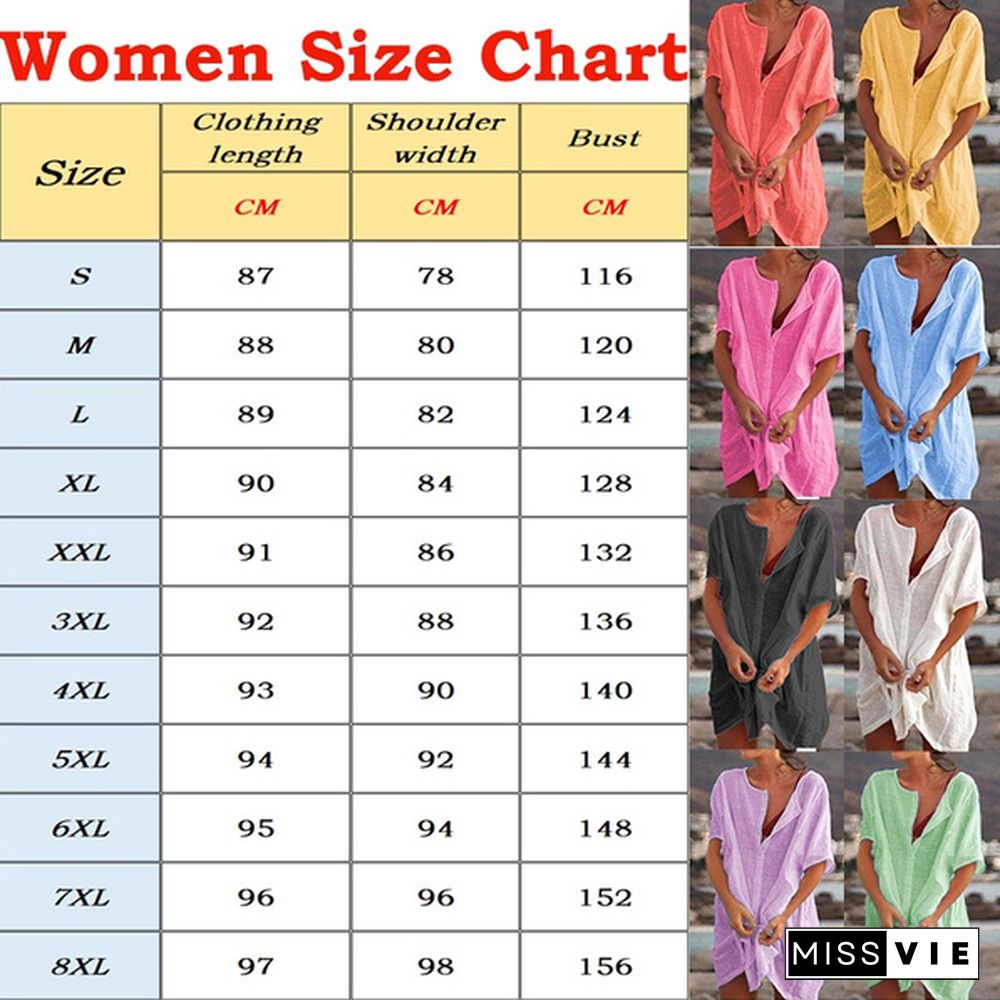 Fashion Summer Clothes Women's Casual Short Sleeve Dresses Beach Wear Robe Femme Swimwear Cover-up Linen Dress Loose Blouses Long T-shirt Deep V-neck Solid Color Swimsuit Cover-ups Dress Mini Party Dress