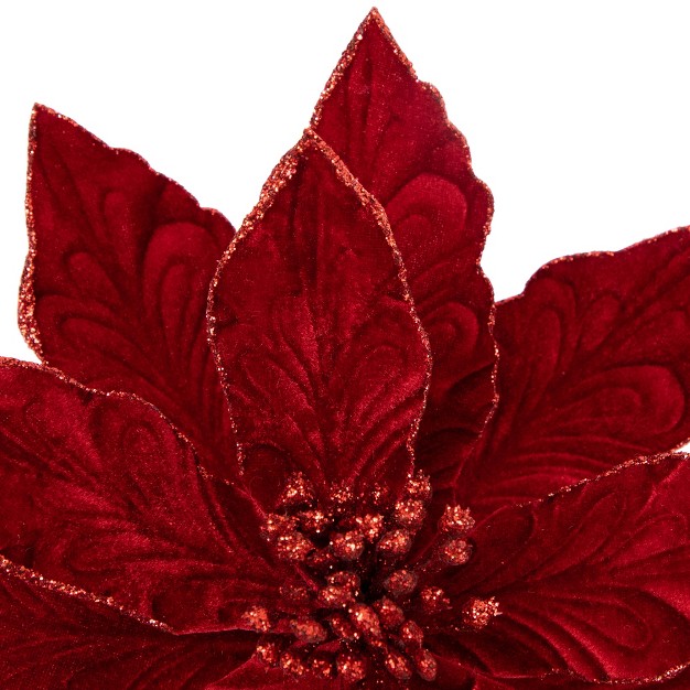 Red Glittered Velvet Poinsettia Christmas Stem Spray