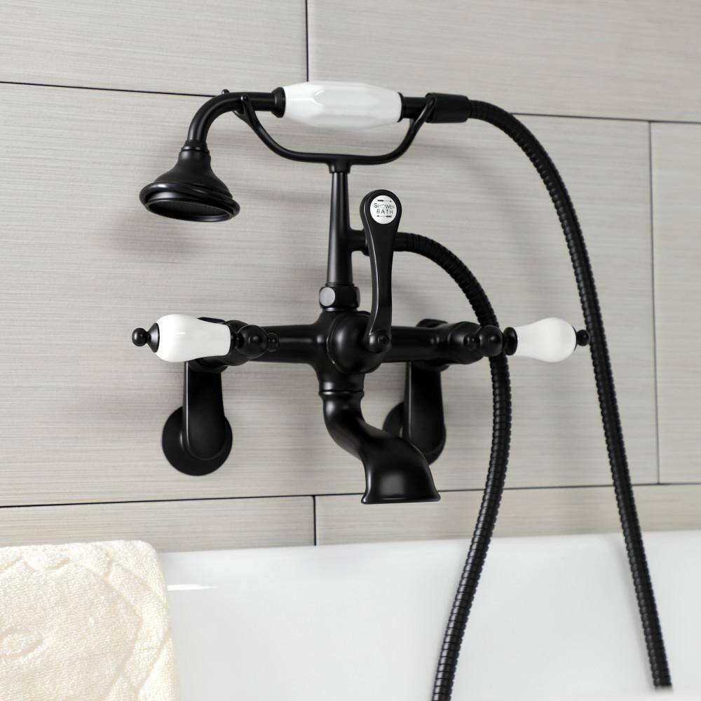 Kingston Brass Aqua Vintage 3-Handle Wall-Mount Clawfoot Tub Faucets with Hand Shower in Matte Black HAE55T0