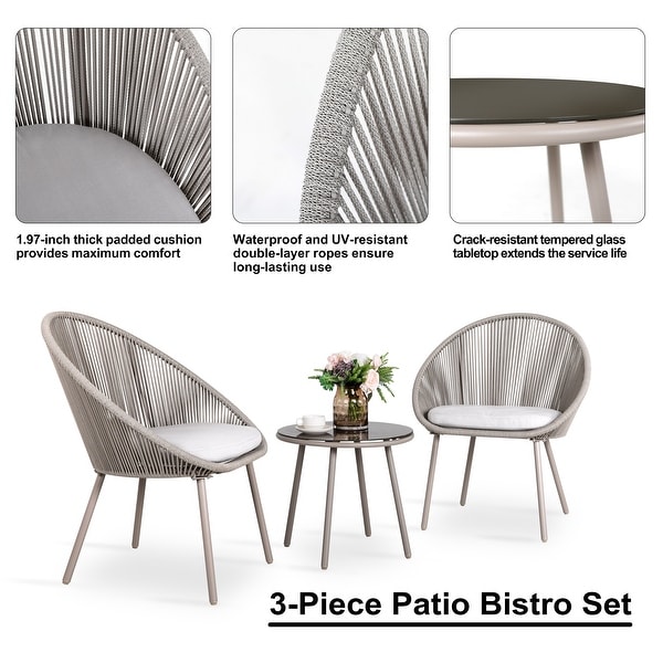 Outdoor 3 Pieces Patio Woven Rope Bistro Set with Cushions