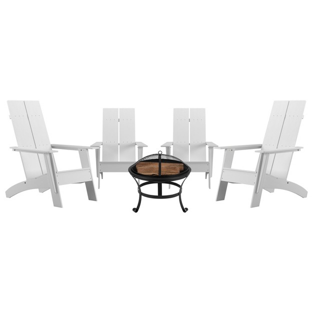 Emma And Oliver Harmon Set Of 4 Harmon Modern All weather White Poly Resin Adirondack Rocking Chairs With A Wood Burning Fire Pit For Outdoor Use