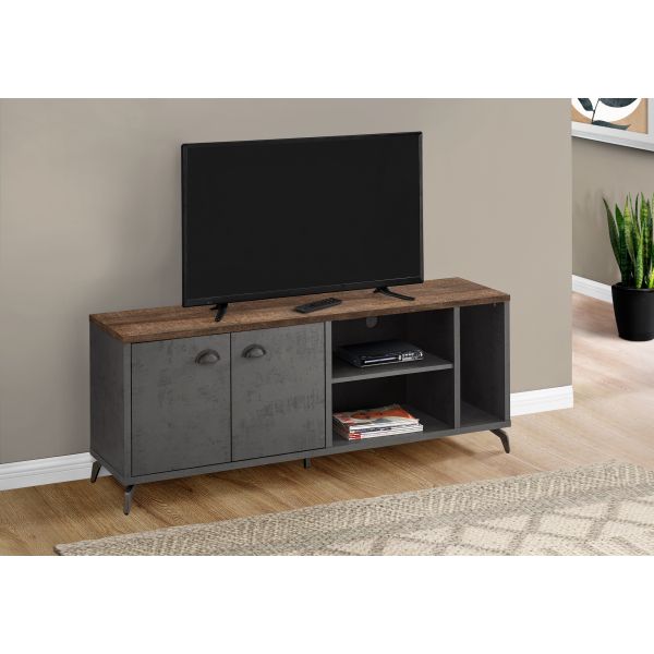 Tv Stand， 60 Inch， Console， Media Entertainment Center， Storage Cabinet， Living Room， Bedroom， Brown And Grey Laminate， Grey Metal， Contemporary， Modern