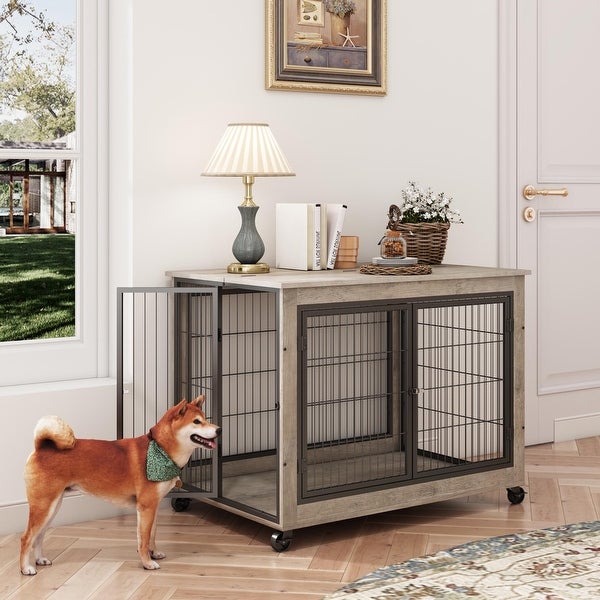 Side Table Dog Cage with Double Doors on Casters