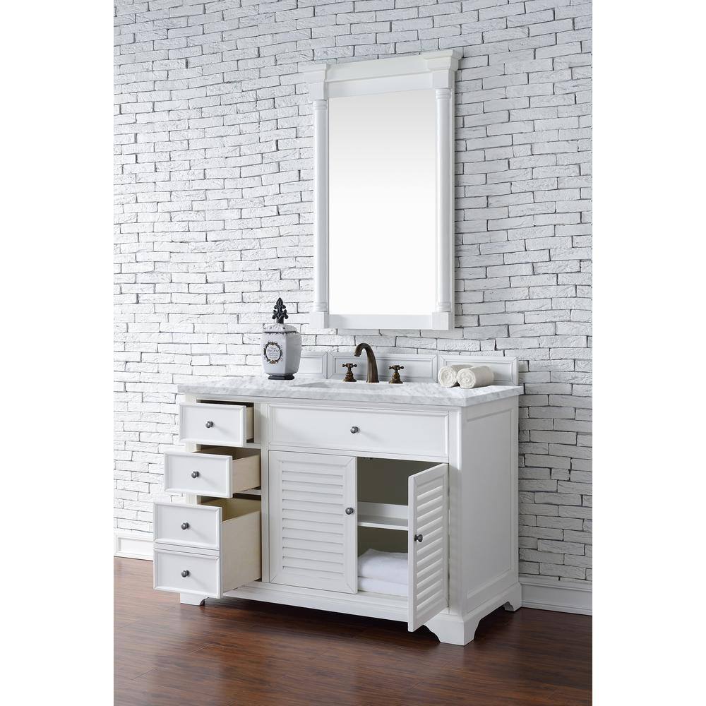 James Martin Vanities Savannah 48 in. W x 23.5 in.D x 34.3 in.H. Single Vanity in Bright White with Marble Top in Carrara White 238-104-V48-BW-3CAR