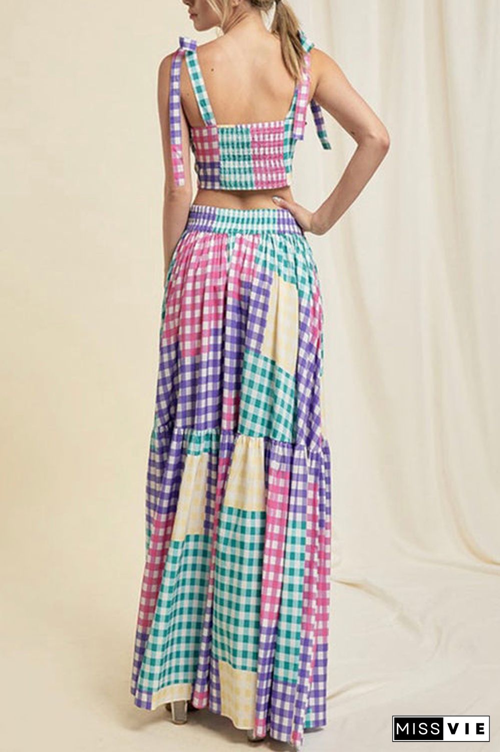 Plaid Color Block Tie Shoulder Maxi Skirt Set