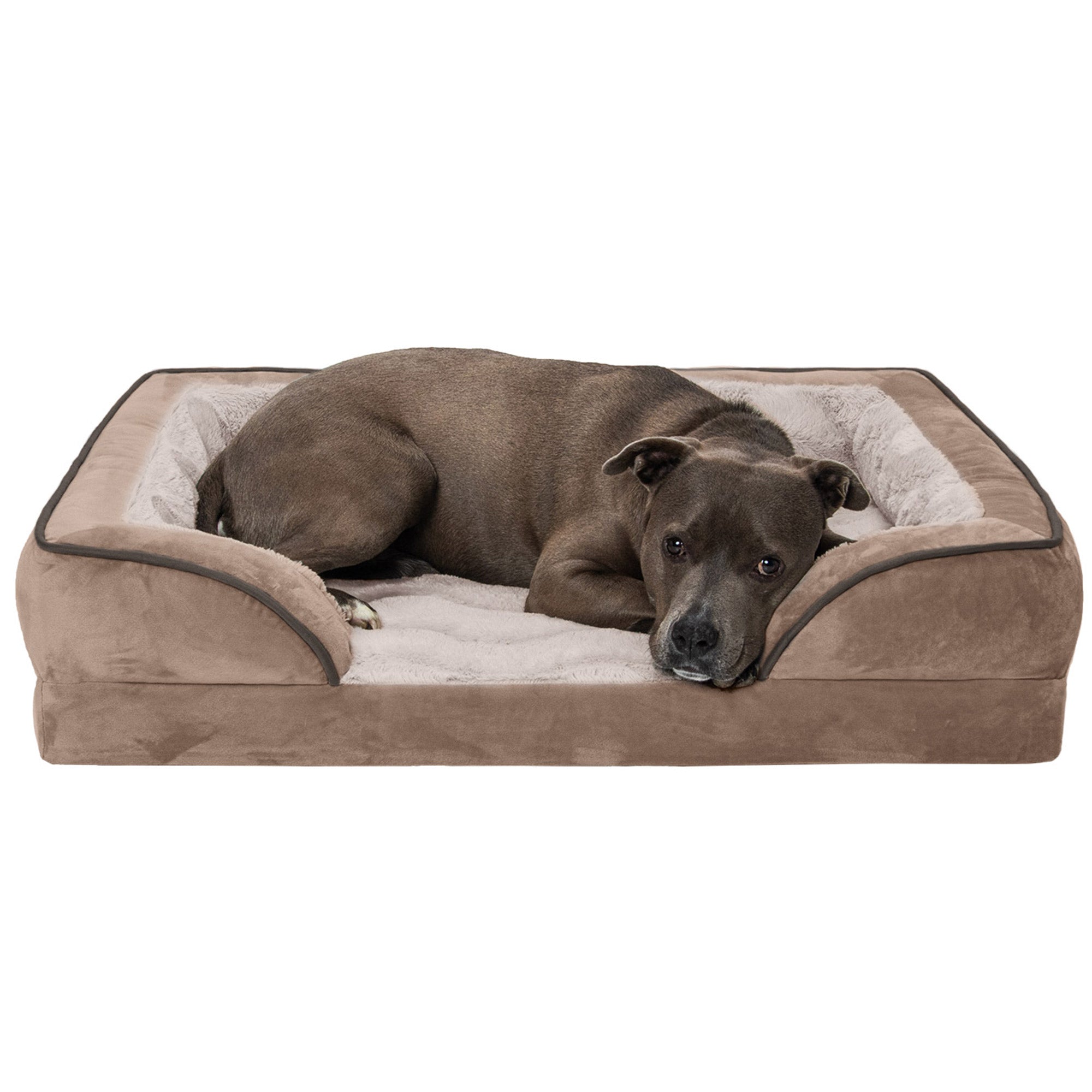 FurHaven Pet Products | Cooling Gel Memory Foam Orthopedic Perfect Comfort Velvet Waves Sofa-Style Couch Pet Bed for Dogs and Cats， Brownstone， Large