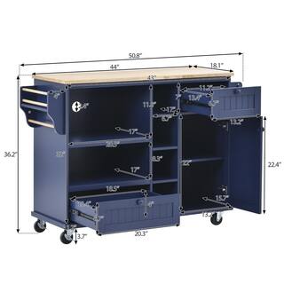 Dark Blue Kitchen Island on 5-Wheels with Storage Cabinet and Microwave Cabinet Solid Wood Desktop VJ1208KIsland7