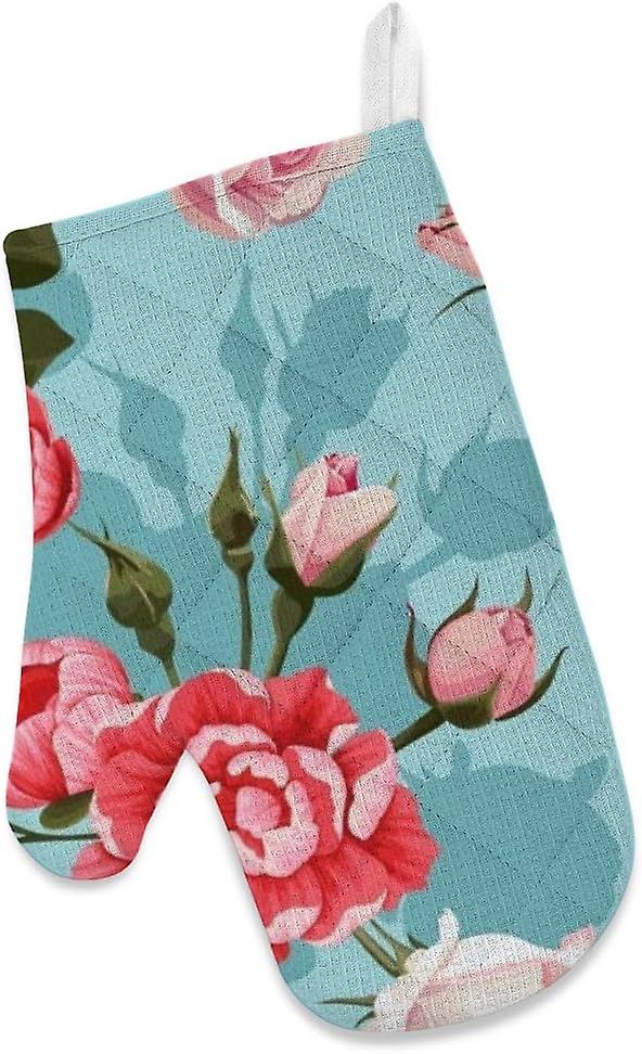 Insulation Kitchen Oven Mitts Potholder Apron 3pcs Set Peony And Roses Non Slip Heat Resistant Gloves For Baking Cooking Bbq