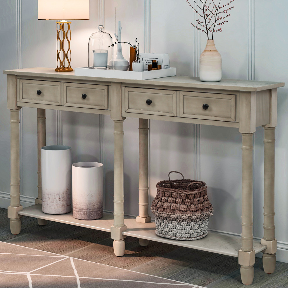 58 quotTwo Drawer Console Table With Bottom Shelf for Living Room Gray Wash   Rustic   Console Tables   by TATEUS LLC  Houzz