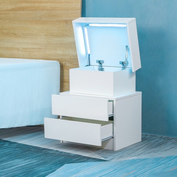 Modern Lift-top LED Nightstand with 2 High Gloss Drawers - - 36679174