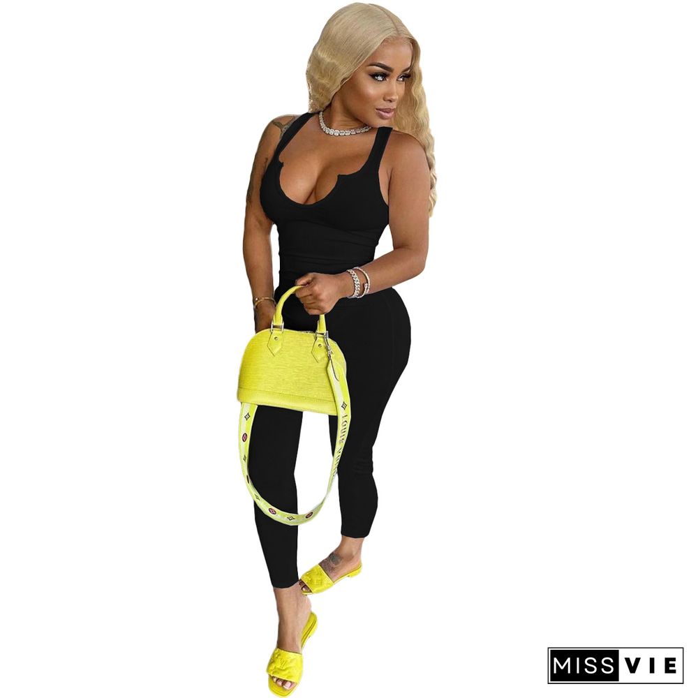 Women Sleeveless Fashion Streetwear Solid Color Deep V-Neck Mid Waist High Elastic Sexy Skinny Jumpsuit