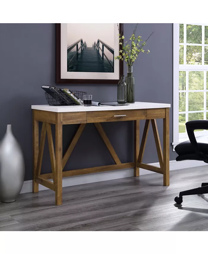 Walker Edison 46 A-Frame Desk with White Faux-Marble Top and Walnut Base