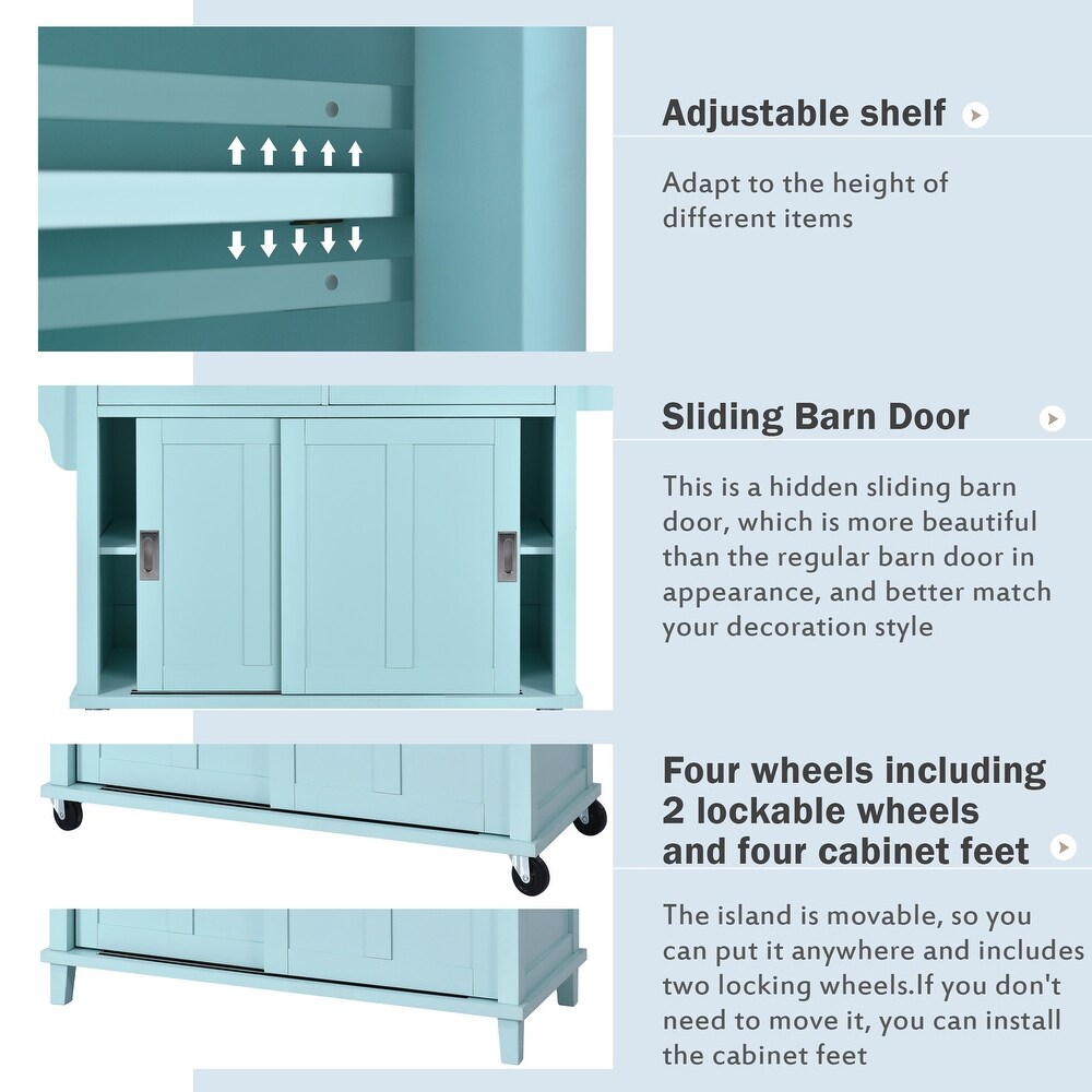 Kitchen Island Cart w/ Rubber wood Drop Leaf Countertop  Concealed Sliding Barn Door Kitchen Island w/ Storage Cabinet 2 Drawers