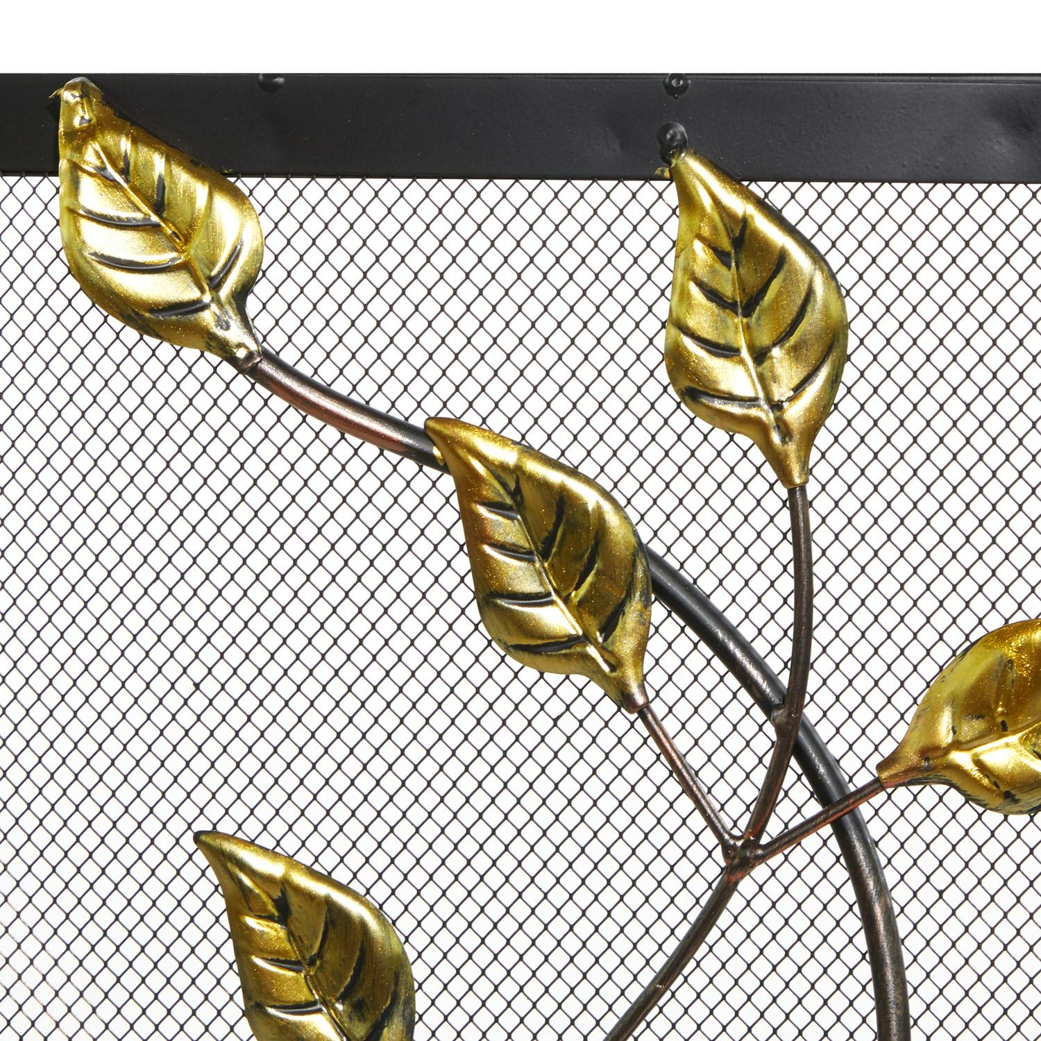 Dec Mode Farmhouse Metal Fireplace Screen with Brown and Green Tree Detail， 39 W x 33 H， Black Frame