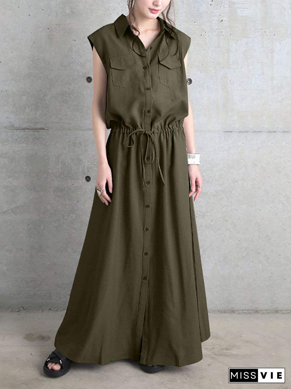 Solid Drawstring Waist Pocket Button Front Maxi Cargo Dress