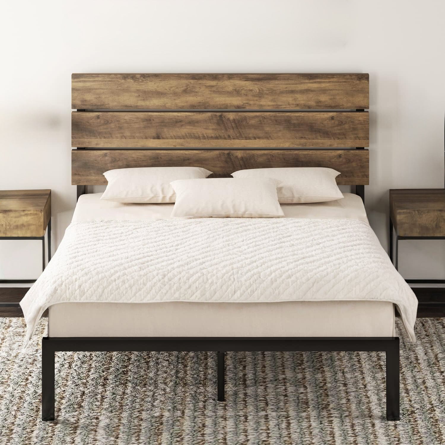 Platform Bed Frame with Wooden Headboard and Metal Slats, Queen/Full