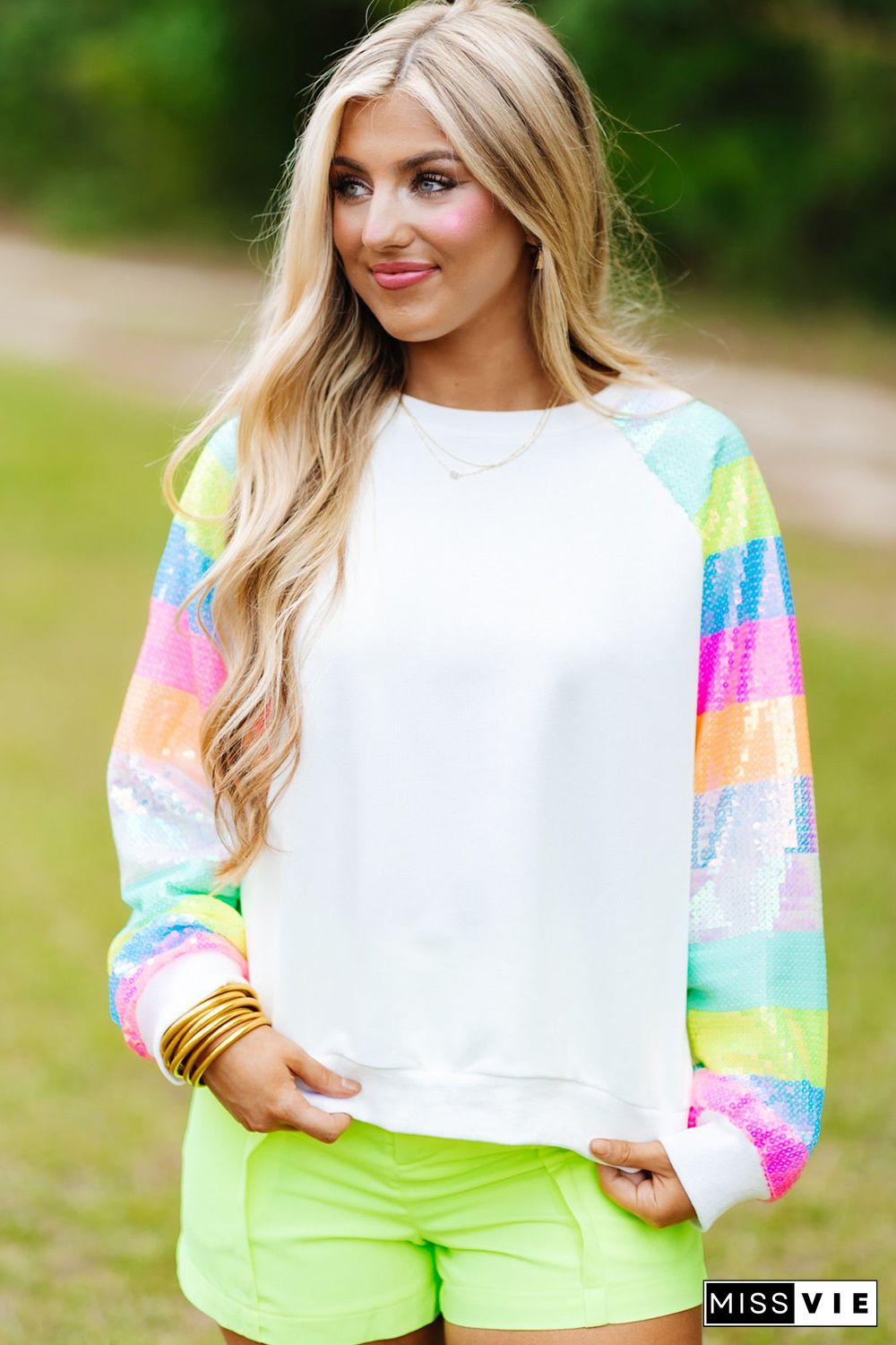 White Sequin Color Block Raglan Sleeve Pullover Sweatshirt