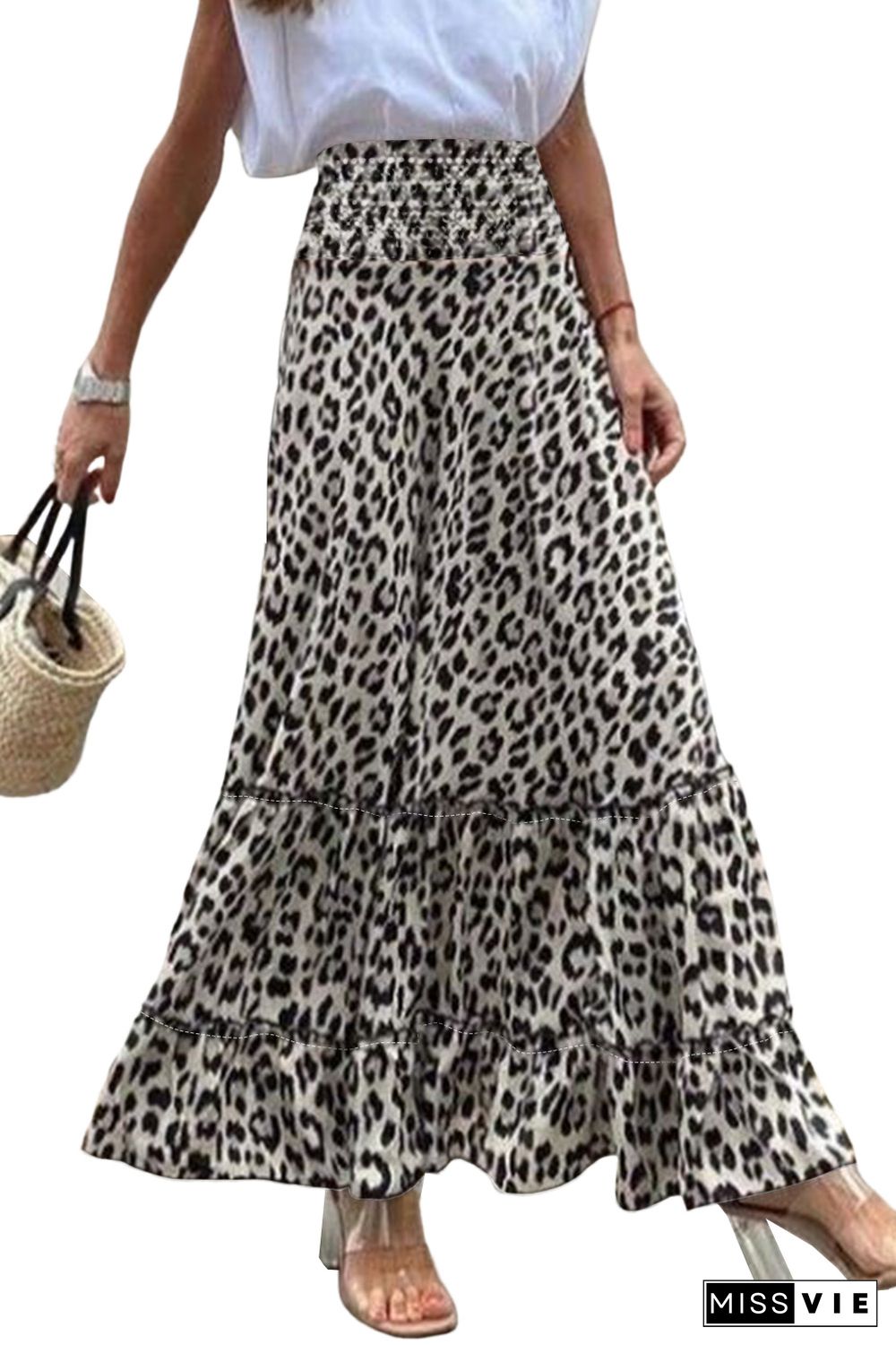 Leopard Embellished High Waist Frill Tiered Maxi Skirt