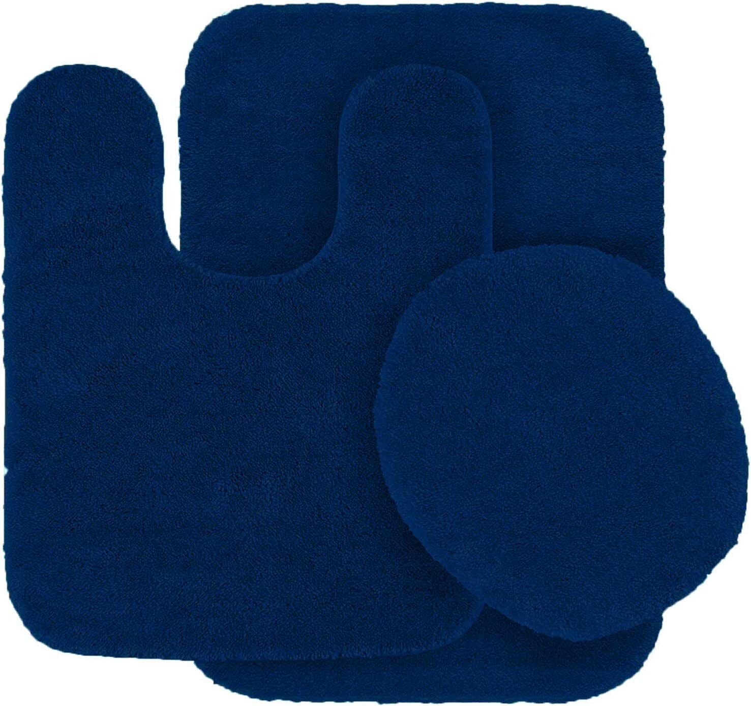 3-Piece Bathroom Rug Set Shiny NAVY BLUE Soft Plush， Plain Large Rug ， Contour Mat， and Toilet Lid Cover Rubber Backing