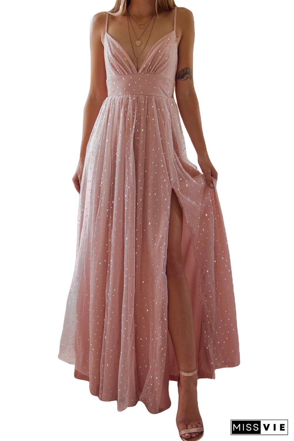 Pink Spaghetti Straps Backless Sequin Tulle Gown