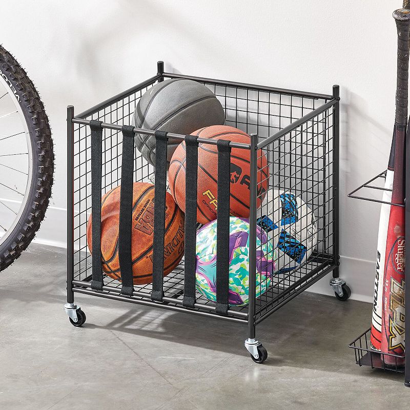 mDesign Metal Rolling Sports Equipment Storage Holder Rack with 4 Wheels