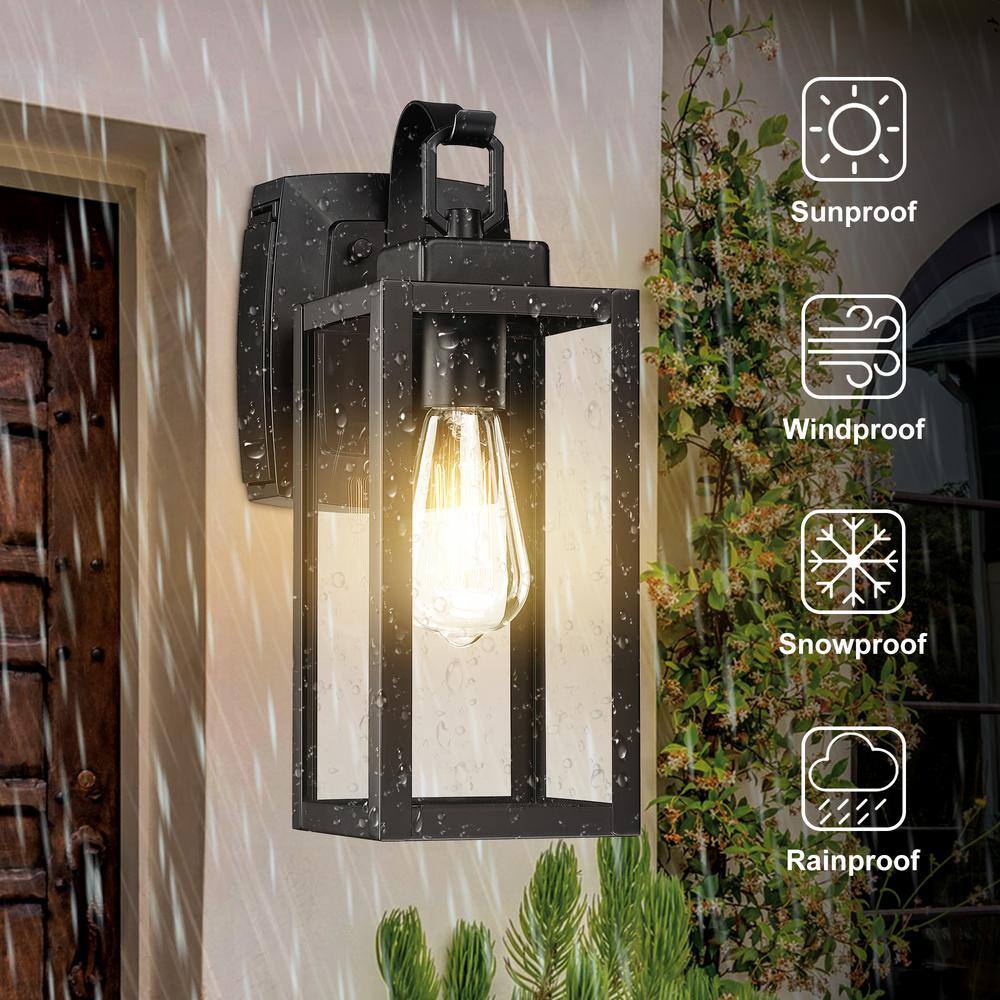 Uixe 1-Light Matte Black Light Outdoor Wall Lantern Sconce with Clear Glass and Built-In GFCI Outlets SSL-12151-GFCI