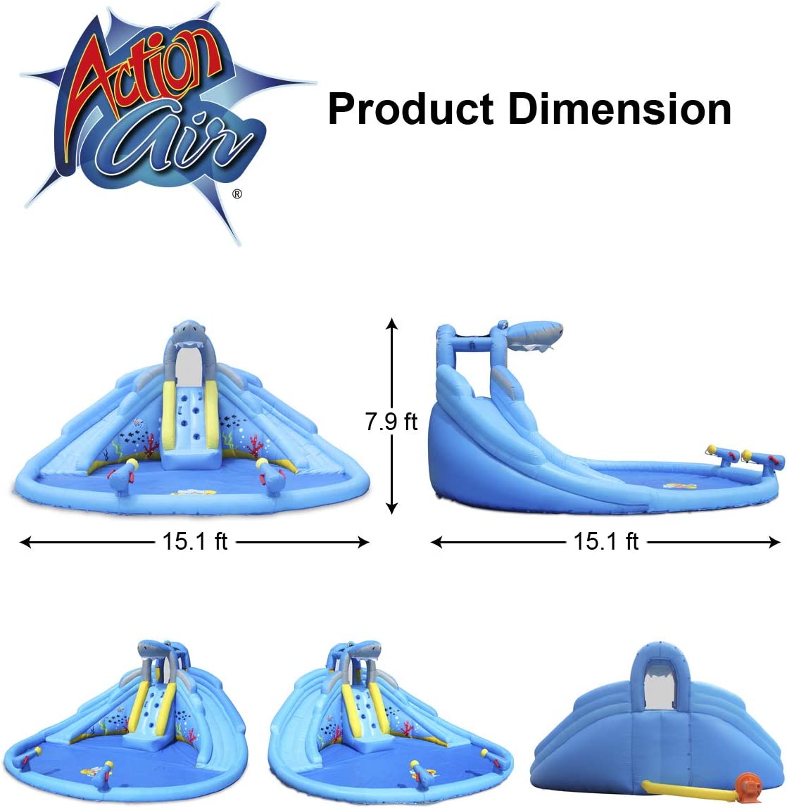 ACTION AIR Inflatable Water Slide, Double Waterslides Shark Theme Water Park, Bounce House for Wet and Dry, 2 Water Sprays with Huge Water Pool Backyard, Durable Sewn and Extra Thick