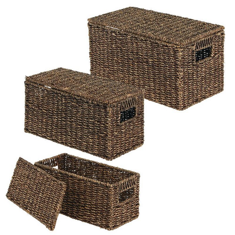 mDesign Woven Seagrass Home Storage Basket with Lid， Set of 3