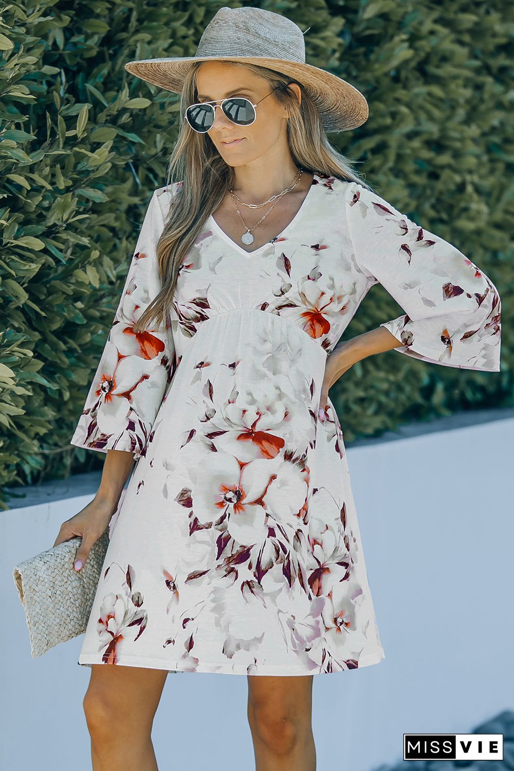 White V Neck 3/4 Sleeve Floral Dress