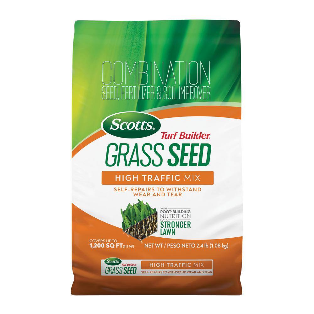 Scotts Turf Builder 2.4 lbs. Grass Seed High Traffic Mix with Fertilizer and Soil Improver Self-Repairs 18044