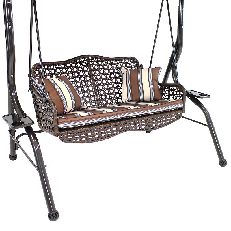 Sunnydaze 2-Person Steel Patio Swing Bench with Canopy/Cushion - Brown