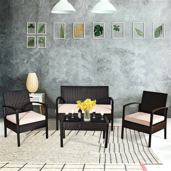 4 Pieces Patio Furniture Sets Rattan Chair Wicker Set Outdoor Bistro - Overstock - 36137047